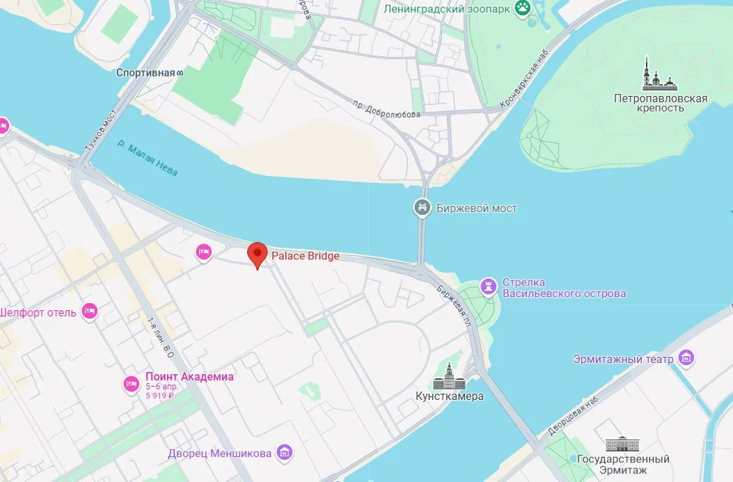 Карта: Palace Bridge Hotel на Биржевом переулке, Санкт-Петербург